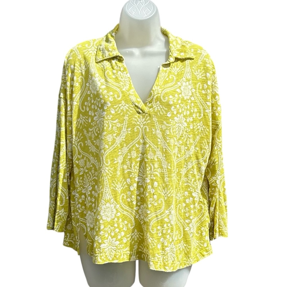 JOIE Women Sz L Chartreuse‎ Green Floral Linen Blend V-Neck Collared Blouse Top.